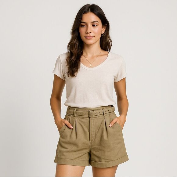 Banana Republic Pants - Banana Republic Women's Khaki-Green Linen Cotton Pleated Belted Shorts Size 14